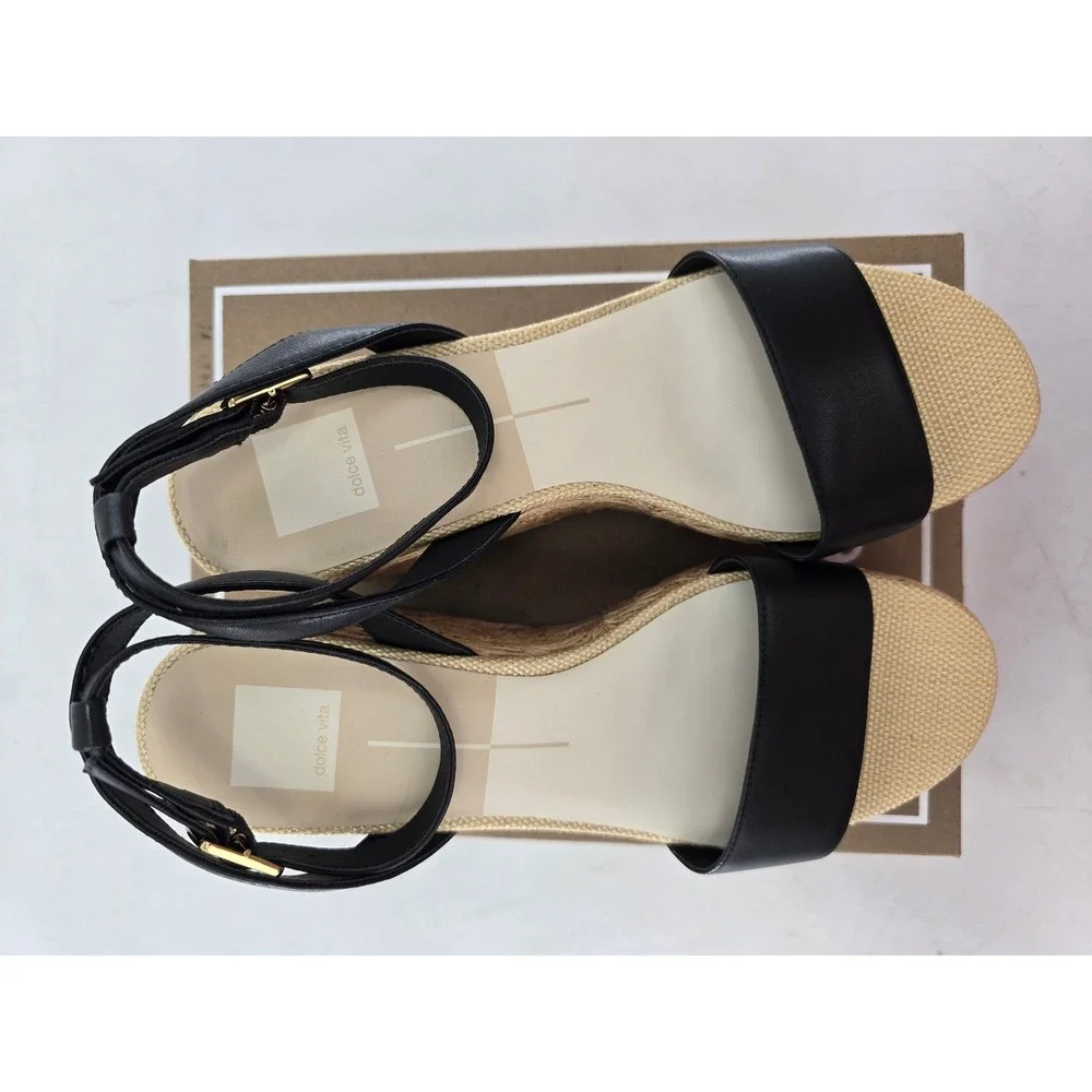 Dolce Vita Talisa Wedge Sandals Womens 9 Black Leather Espadrille - NEW